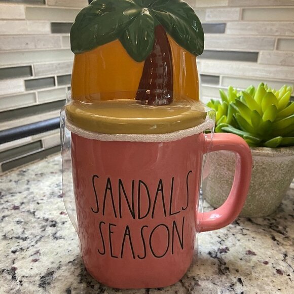 Rae Dunn Other - RAE Dunn “Sandal Season” Pink Mug with Palm Tree Sunset Topper